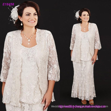 Three Pieces Full Lace Mère de la mariée Robes avec grand taille Scoop Neck